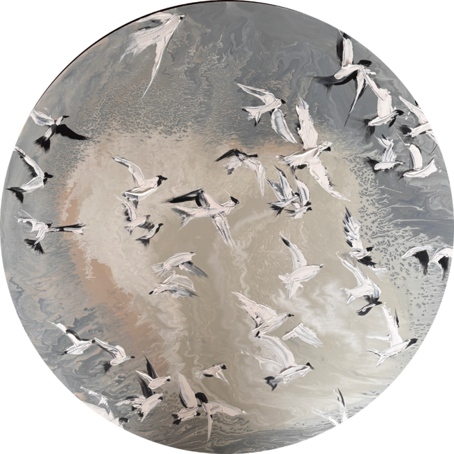 painting of birds flying over abstract landscape by Amy Salisbury - light blue, cream, beige, black and white birds