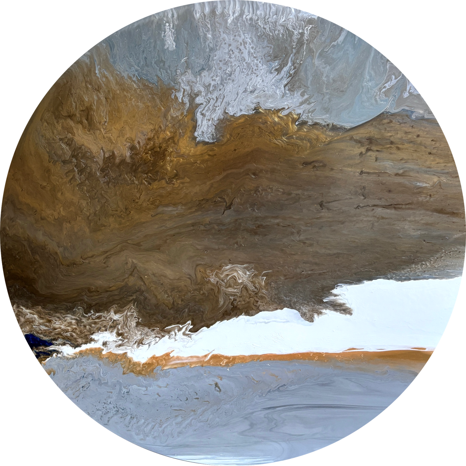 circular abstract artwork in golds, silver, grey blue, white and navy blue.