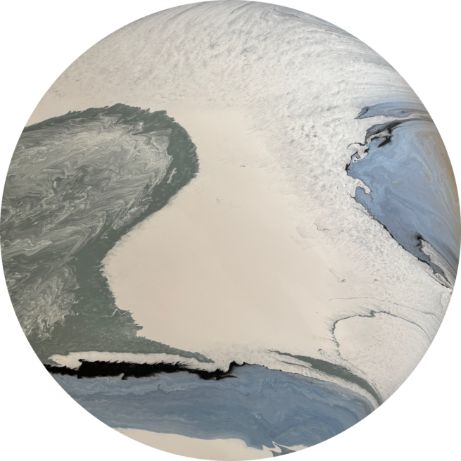 Cape Byron by Amy Salisbury Artwork acrylic on aluminium large 120cm circular panel - abstract white, blue green. Beautiful natural effects.