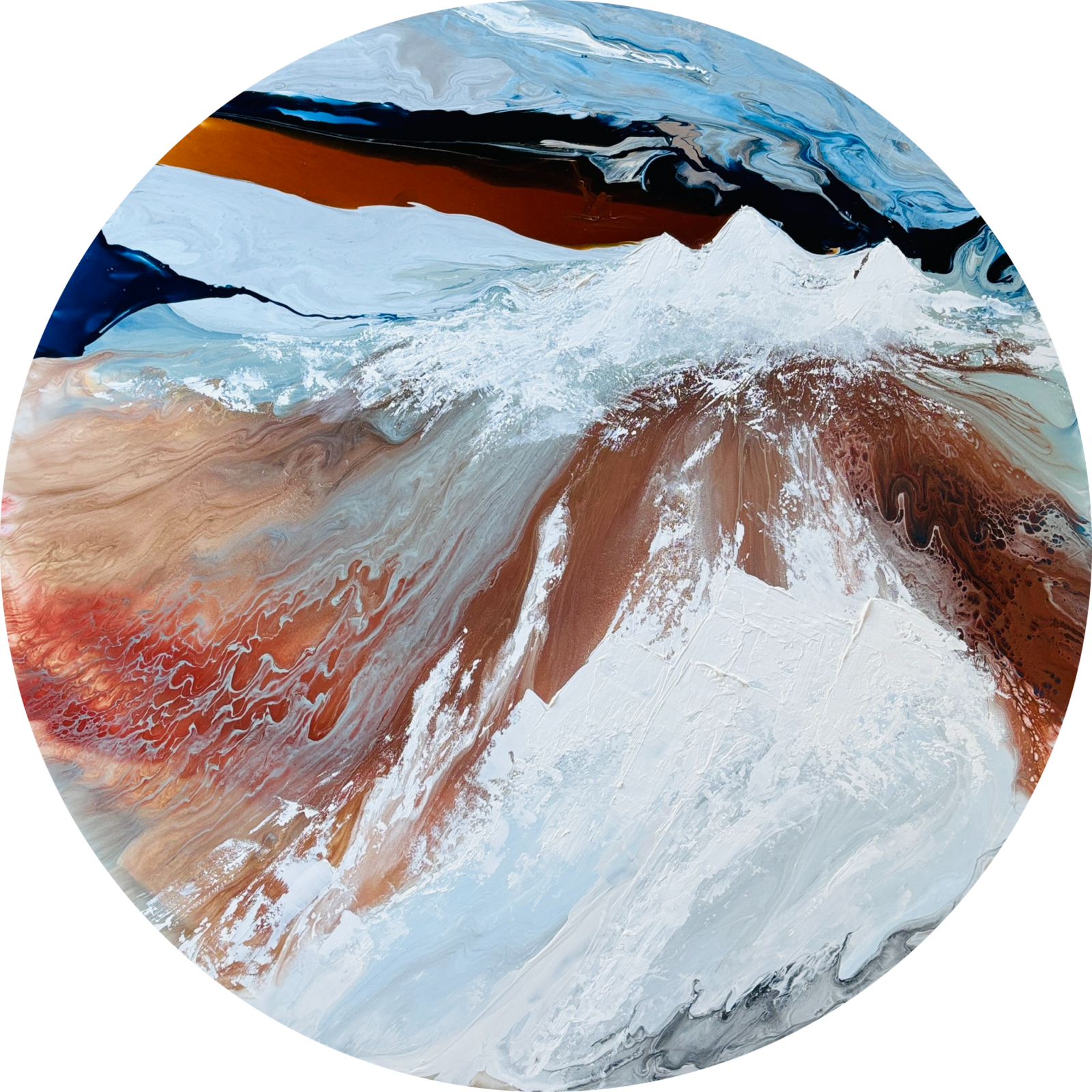 Abstract fluid art on a large 120cm disk of Australian Alps in shades of bronze, neutral, white and blue.